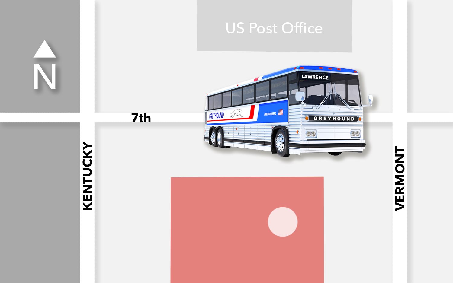 The Greyhound Bus stops on the on the north side of the library.