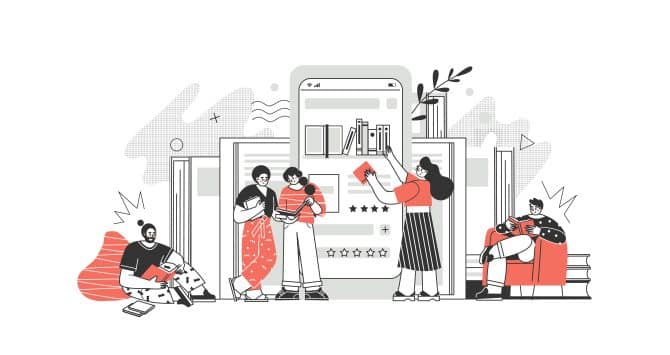 Online book library concept. landing page. Vector graphic illustration with characters reading books online on the smartphone. Concept for website and mobile website development. Online book library concept. landing page. Vector graphic illustration with characters reading books online on the smartphone.