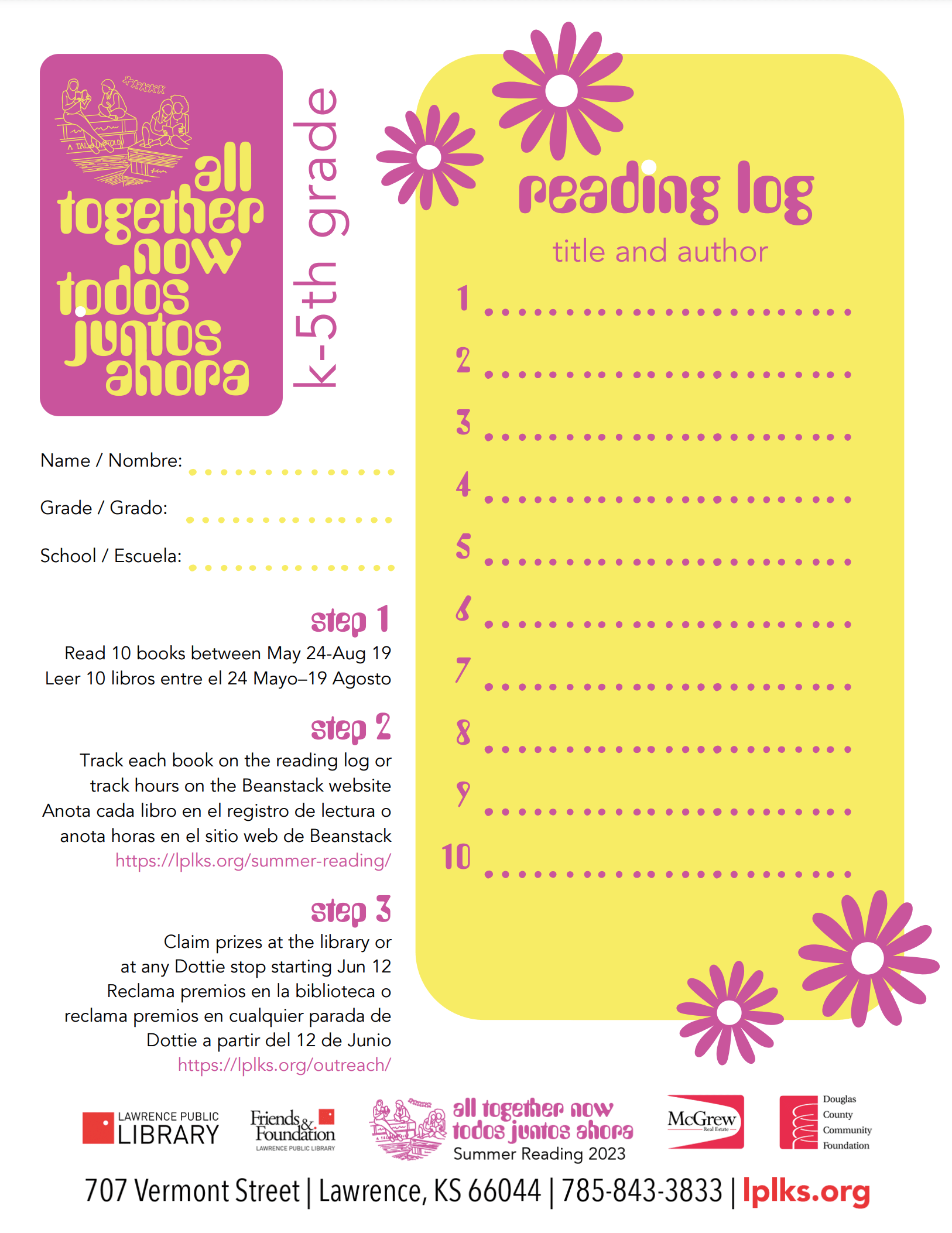 K–5th Grade reading log 2023