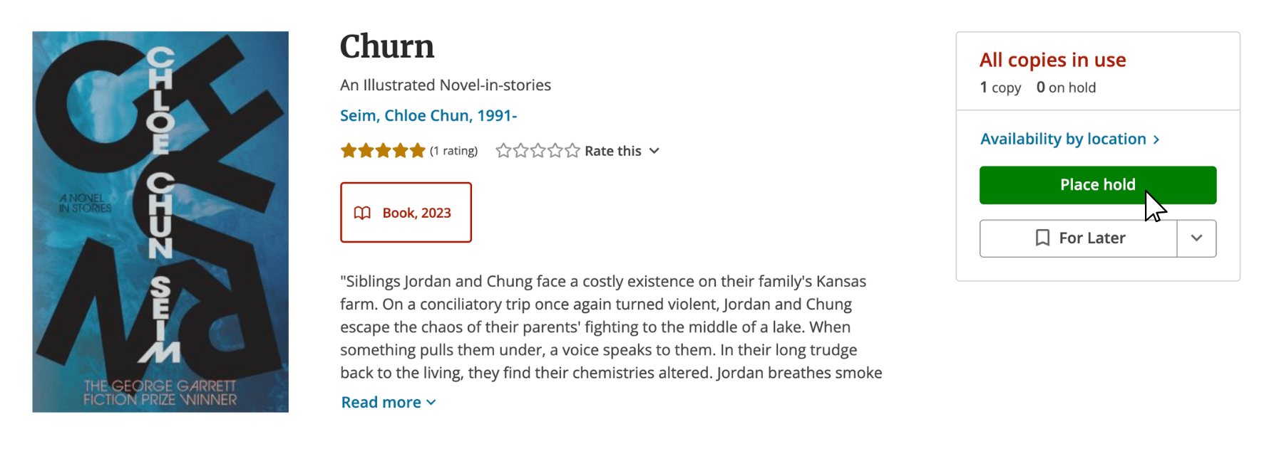Catalog record for 'Churn' by Chloe Seim. The mouse hovers over the 'Place Hold' button to the right of the book description.